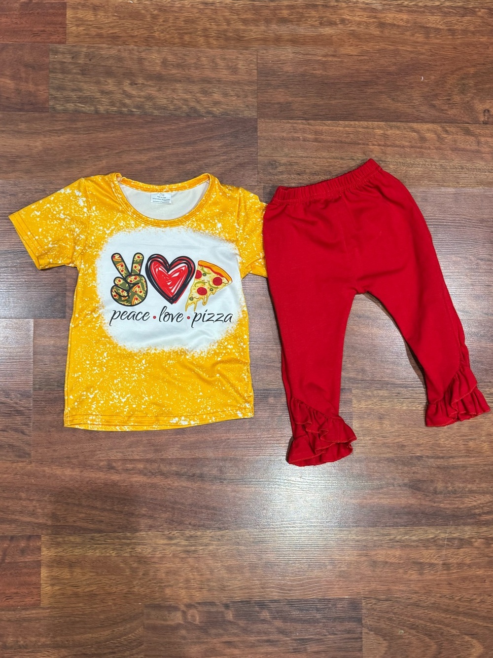 Peace Love Pizza Yellow Tee & Red Ruffle Pants Set